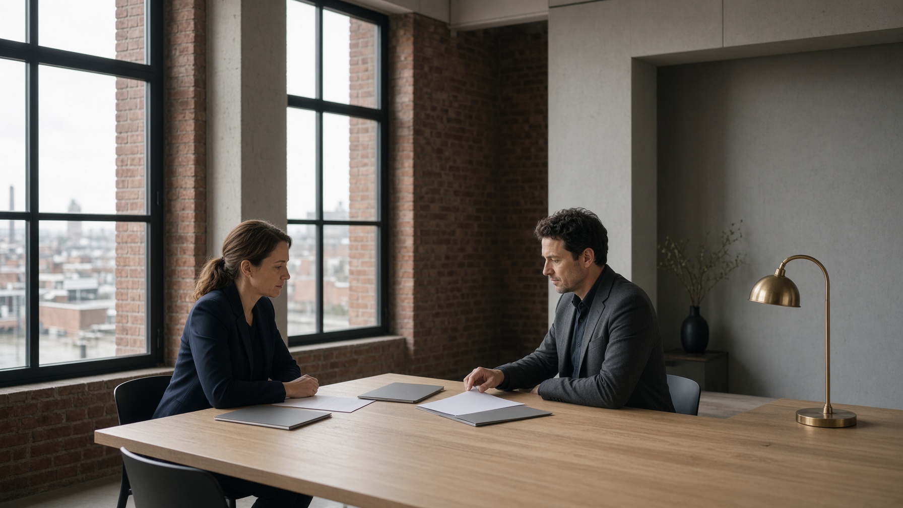 Vergaderruimte met twee mensen aan een tafel bij een groot raam
